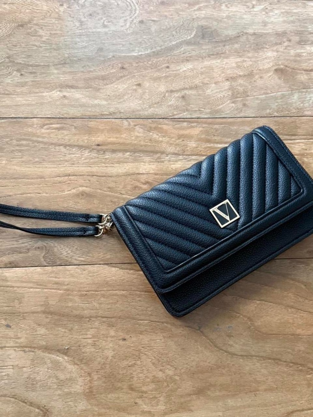 Victoria's Secret Black Quilted Crossbody with Gold Logo